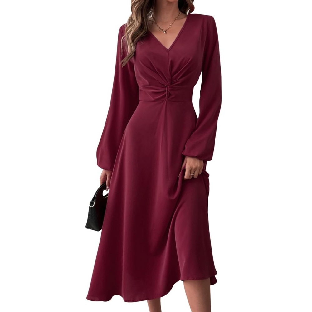 Elegant Burgundy Long Sleeve Dress Small
